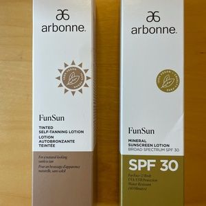 arbonne FunSun Tinted self-tanning lotion and Mineral sunscreen lotion SPF30